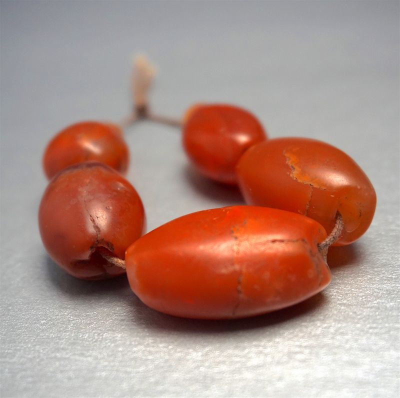 5 Authentic Pema Raka Carnelian Beads, 500-2000+ years old.