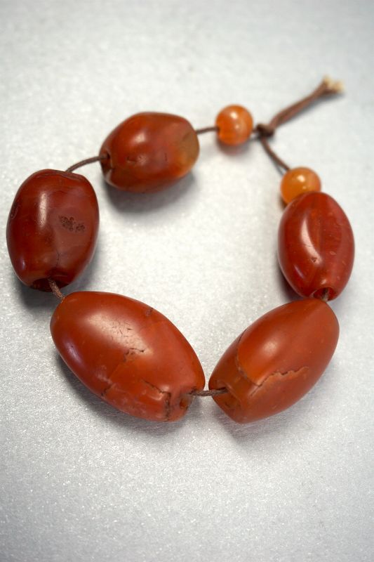 5 Authentic Pema Raka Carnelian Beads, 500-2000+ years old.