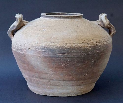 Han Dynasty Proto-Porcelain Jar (Pou) with Animal Mask Handles