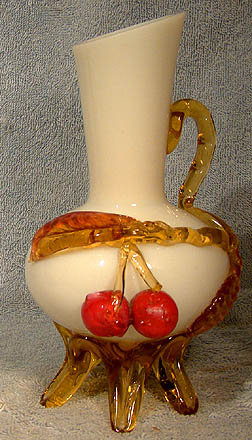 19thC GLASS VASE with APPLIED LEAVES &amp; CHERRIES