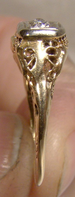 ART DECO 14K FILIGREE RING 3 DIAMONDS 1920s - Size 5-3/4