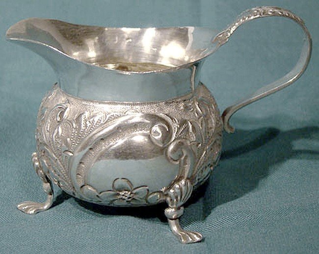 REPOUSSE STERLING SILVER FOOTED CREAMER Sheffield 1900