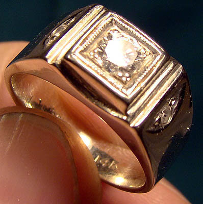 14K Diamond Man's Pinkie Ring in White Gold & Side Diamonds 1950s