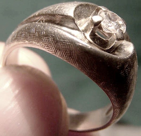 14K MAN's DIAMOND SOLITAIRE Whhite Gold Ring 1960s Size 6-1/2  6.5