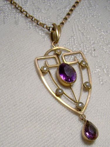 9K Rose Gold Amethyst Seed Pearls Lavaliere Pendant Necklace 1900