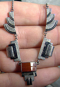 INDUSTRIAL DECO PLATED SILVER & GLASS NECKLACE c1930