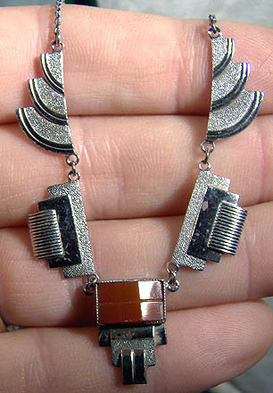 INDUSTRIAL DECO PLATED SILVER &amp; GLASS NECKLACE c1930