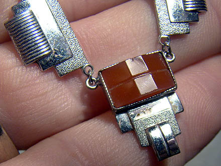 INDUSTRIAL DECO PLATED SILVER &amp; GLASS NECKLACE c1930