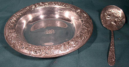 S Kirk &amp; Sons STERLING SILVER REPOUSSE NUT BOWL with SPOON