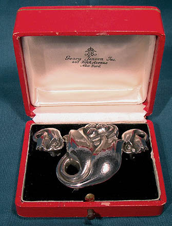 GEORG JENSEN DOUBLE TULIP STERLING SILVER PIN &amp; EARRINGS SET Box