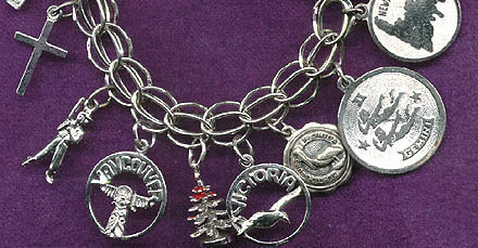 STERLING CHARM BRACELET with 16 CHARMS 1960s Double Loop Link