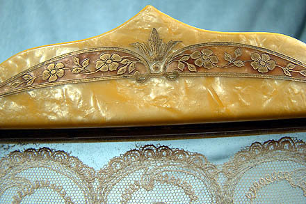 AUSCO GILT CELLULOID DRESSER TRAY with LACE c1910-20