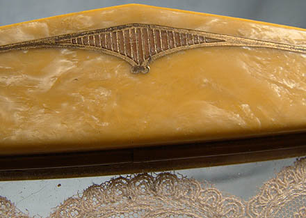 AUSCO GILT CELLULOID DRESSER TRAY with LACE c1910-20