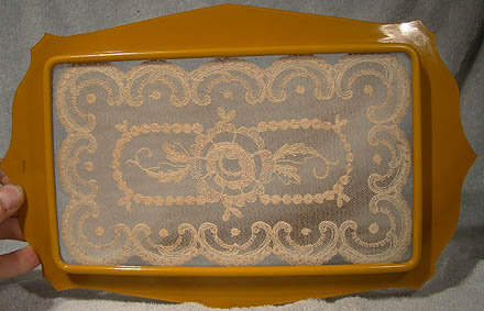 AUSCO GILT CELLULOID DRESSER TRAY with LACE c1910-20