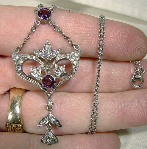 Art Nouveau Sterling Silver Purple Clear Paste Lavaliere Necklace 1900