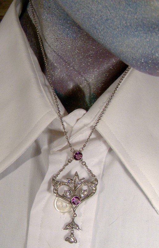 Art Nouveau Sterling Silver Purple Clear Paste Lavaliere Necklace 1900