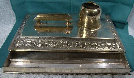 Ornate Victorian SP Ink Stand with Pot, Drawer &amp; Pen Rest 1860