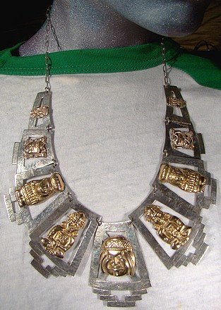 PERU(?) 18K YELLOW GOLD & STERLING SILVER INCAN GODS NECKLACE