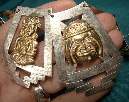 PERU(?) 18K YELLOW GOLD &amp; STERLING SILVER INCAN GODS NECKLACE