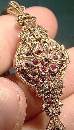 Art Deco 9K ROSE GOLD COVERED LADY'S WRIST WATCH GARNETS MARCASITES