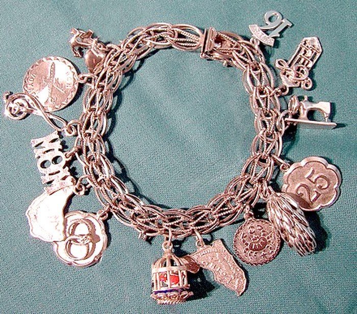 STERLING CHARM BRACELET 14 CHARMS Bird Cage Sewing Machine