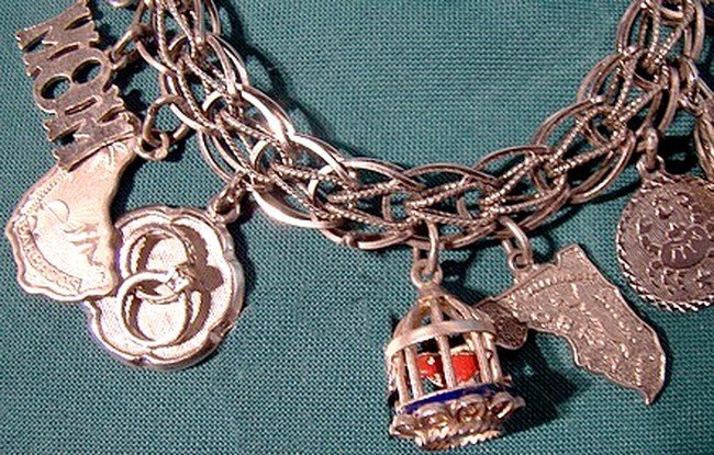 STERLING CHARM BRACELET 14 CHARMS Bird Cage Sewing Machine