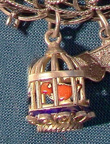 STERLING CHARM BRACELET 14 CHARMS Bird Cage Sewing Machine