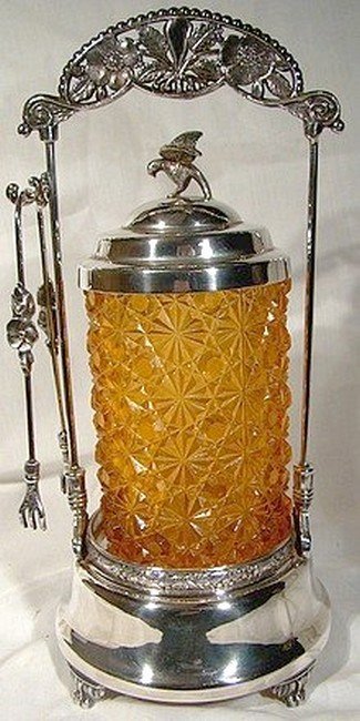 AMBER DAISY &amp; BUTTON PICKLE CRUET w/ STAND and TONGS 1880 1890