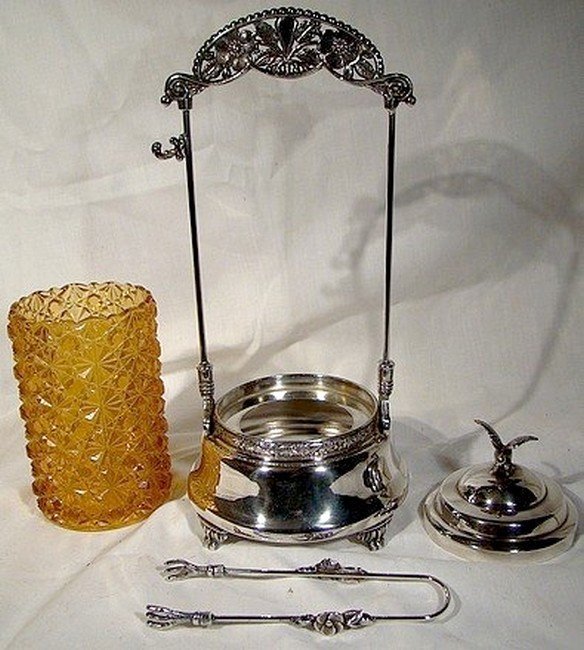 AMBER DAISY &amp; BUTTON PICKLE CRUET w/ STAND and TONGS 1880 1890