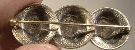 TRIPLE MERCURY DIME PUNCH OUT GILT SILVER PIN 1917