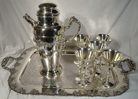 Silver plated GRAPE &amp; VINE COCKTAIL 7 Pc. SET 1930s WITH TRAY