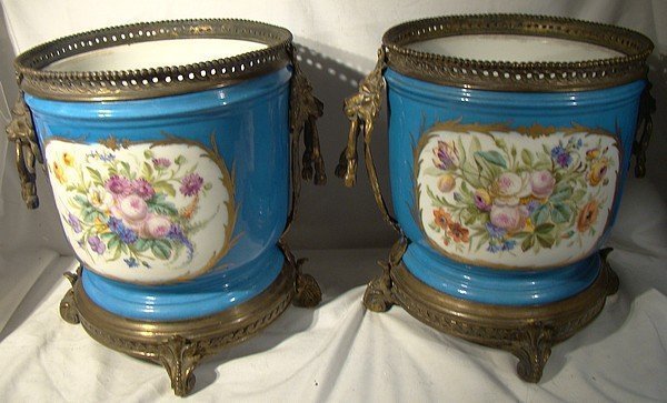 Pr. Stunning 19thC SEVRES TYPE Hand Painted JARDINIERES