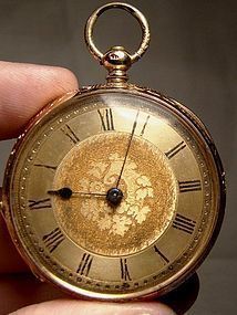 18K KEY WIND FANCY CASE OPEN FACE POCKET WATCH with Key 1900