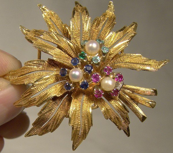 18K RUBIES SAPPHIRES EMERALDS &amp; PEARLS Flower Spray BROOCH