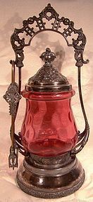 CRANBERRY THUMBPRINT PATTERN GLASS PICKLE CRUET on SP STAND 1890