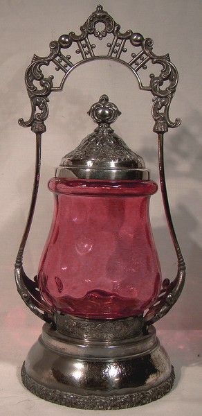 CRANBERRY THUMBPRINT PATTERN GLASS PICKLE CRUET on SP STAND 1890