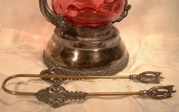 CRANBERRY THUMBPRINT PATTERN GLASS PICKLE CRUET on SP STAND 1890