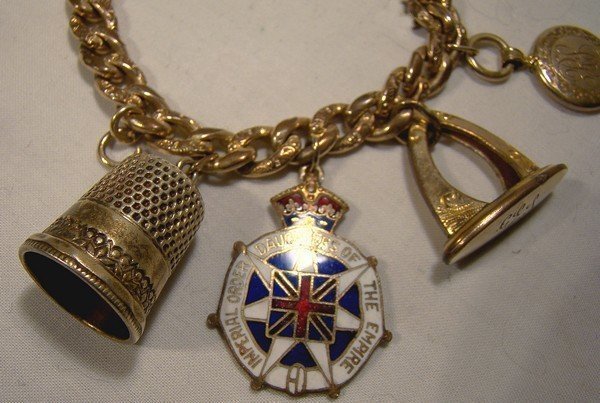 Victorian RGP Watch Chain Charm Bracelet w/ 6 Antique Charms 1900