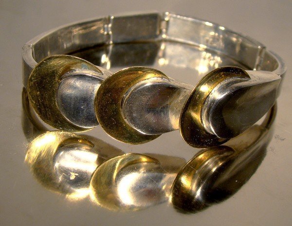 MEXICAN SILVER &amp; BRASS DISCS STERLING BRACELET 1970-80