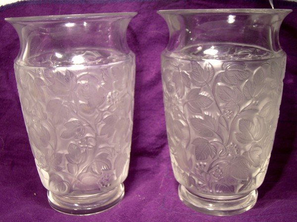 Pair Signed LALIQUE DEAUVILLE 6" ART GLASS VASES