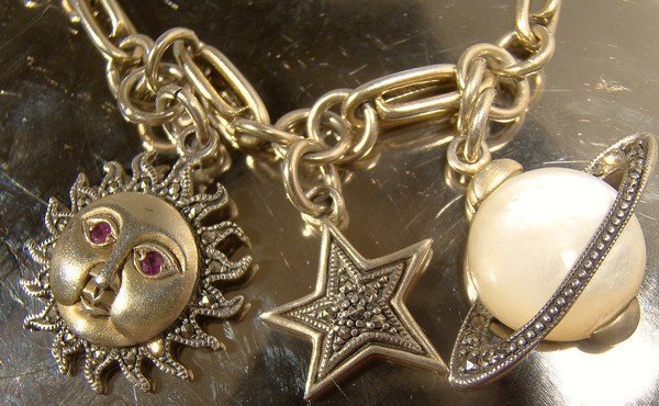 Sterling Silver PLANET MOON STARS MOP RUBIES CHARM BRACELET