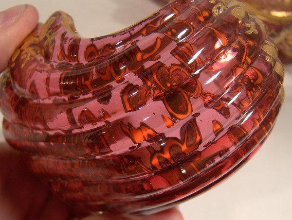 MOSER CRANBERRY &amp; GOLD  GLASS SHELL 5 PC. NUT SET c1900