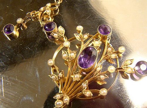 Edwardian 15K AMETHYST & PEARLS LAVALIERE c1905