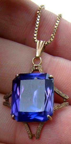 10K SYNTHETIC ALEXANDRITE PENDANT &amp; CHAIN NECKLACE 1960
