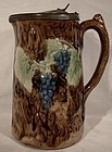 MAJOLICA GRAPE & VINE PITCHER with PEWTER LID 1880s 19thC