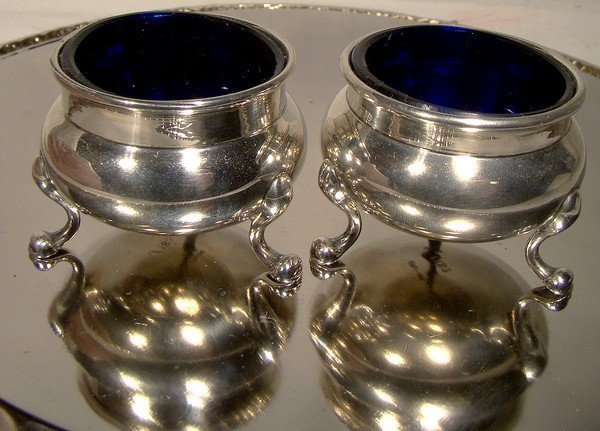 Pair FOOTED STERLING SILVER SALT DISHES - COBALT LINERS