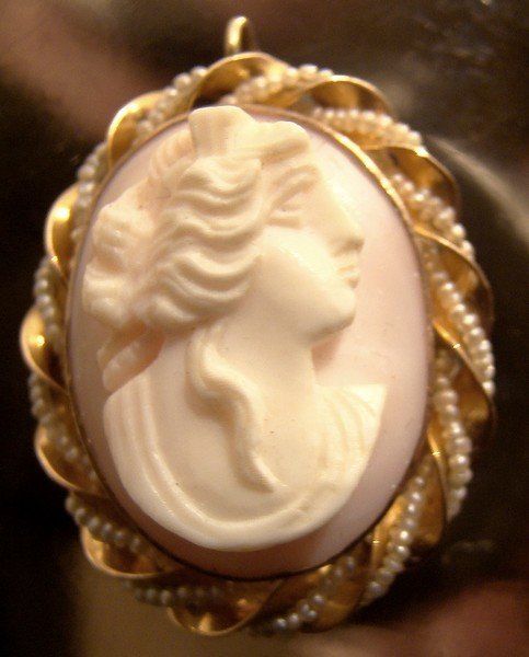 Fine 10K CORAL CAMEO with SEED PEARLS PENDANT PIN 1900