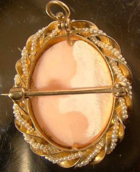 Fine 10K CORAL CAMEO with SEED PEARLS PENDANT PIN 1900