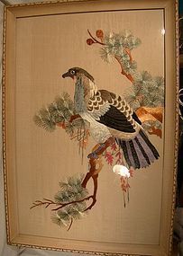 CHINESE PHEASANT ON TREE SILK THREAD PICTURE in FRAME