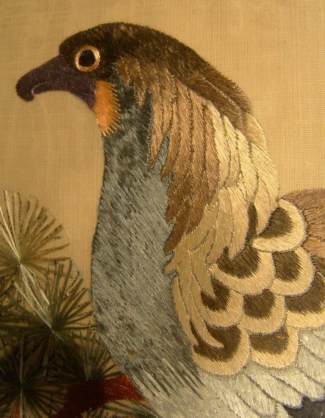 CHINESE PHEASANT ON TREE SILK THREAD PICTURE in FRAME